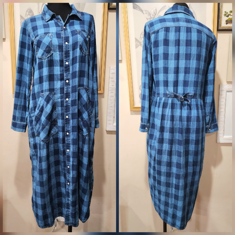 Blue Plaid Midi Shirt Dress with Front Pockets